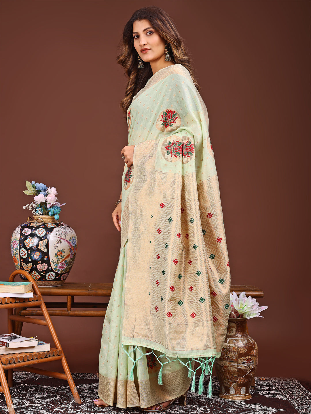 Light Green Colour Linen Cotton Printed Work Saree With Blouse Piece