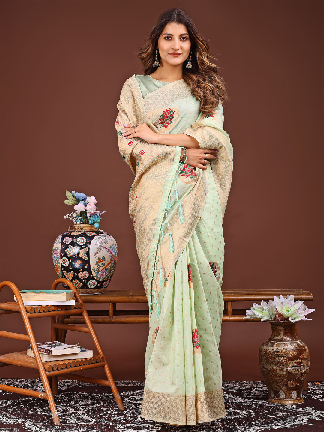 Light Green Colour Linen Cotton Printed Work Saree With Blouse Piece