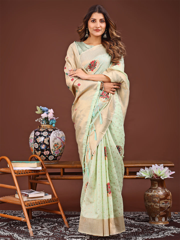 Light Green Colour Linen Cotton Printed Work Saree With Blouse Piece