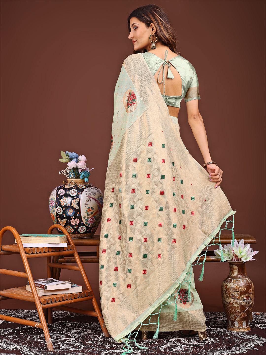 Light Green Colour Linen Cotton Printed Work Saree With Blouse Piece