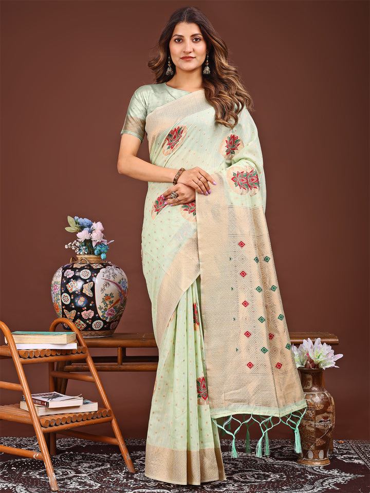 Light Green Colour Linen Cotton Printed Work Saree With Blouse Piece