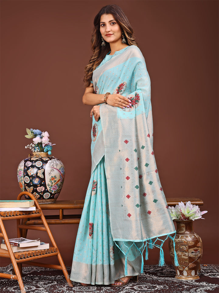 Sky Blue Colour Linen Cotton Printed Work Saree With Blouse Piece