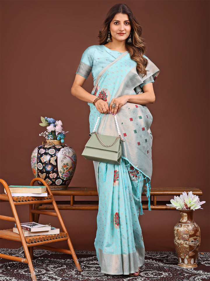 Sky Blue Colour Linen Cotton Printed Work Saree With Blouse Piece