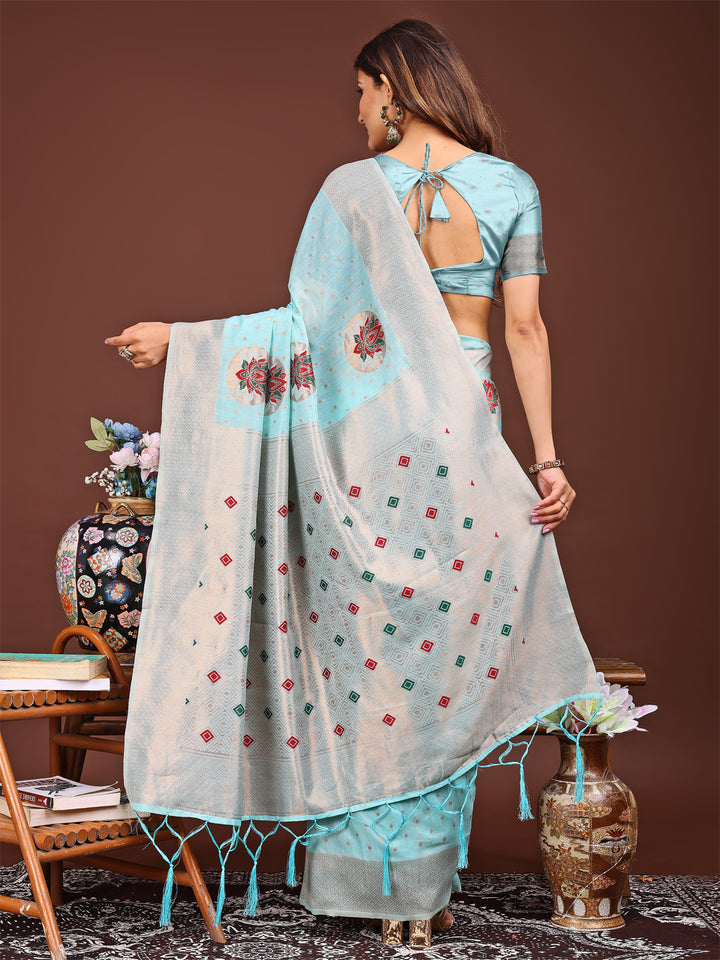 Sky Blue Colour Linen Cotton Printed Work Saree With Blouse Piece