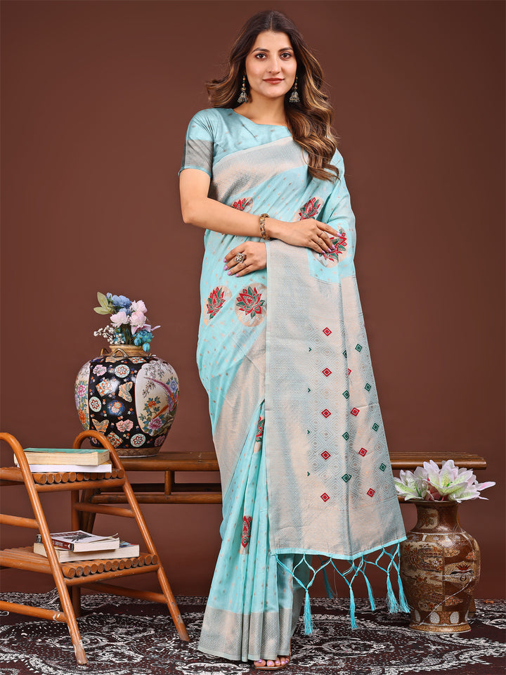 Sky Blue Colour Linen Cotton Printed Work Saree With Blouse Piece