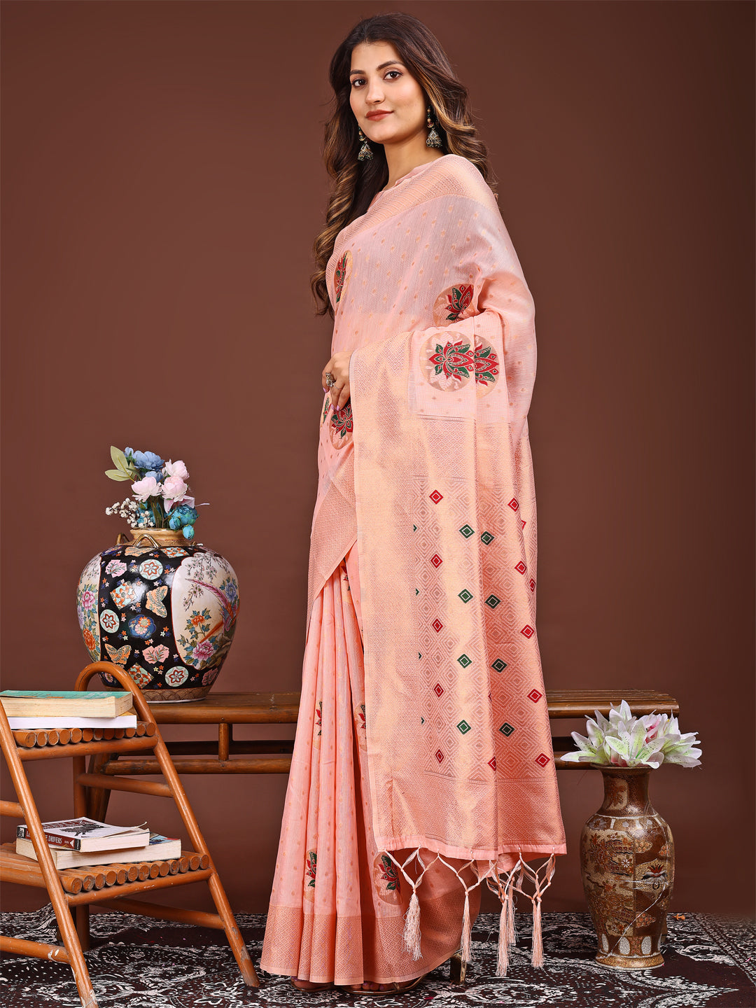 Pink Colour Linen Cotton Printed Work Saree With Blouse Piece