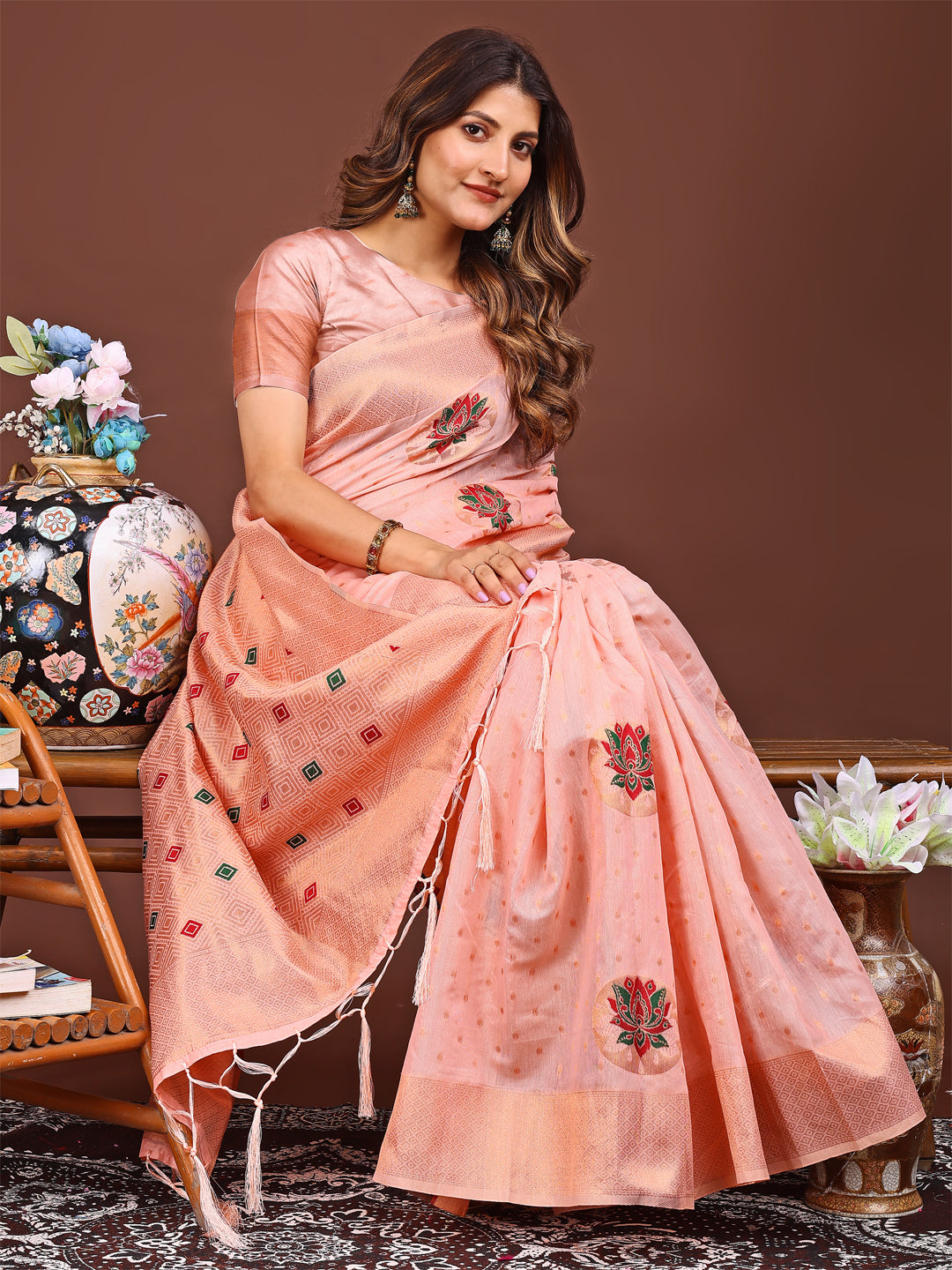 Pink Colour Linen Cotton Printed Work Saree With Blouse Piece