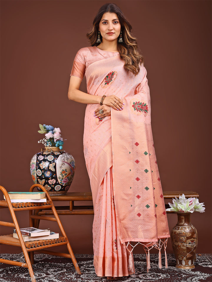 Pink Colour Linen Cotton Printed Work Saree With Blouse Piece