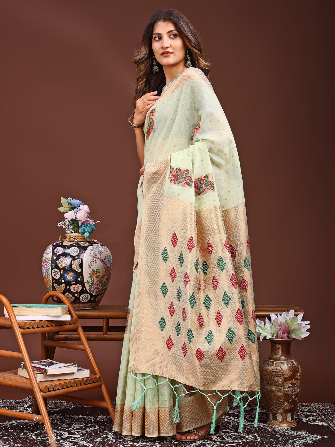 Light Green Colour Linen Cotton Printed Work Saree With Blouse Piece