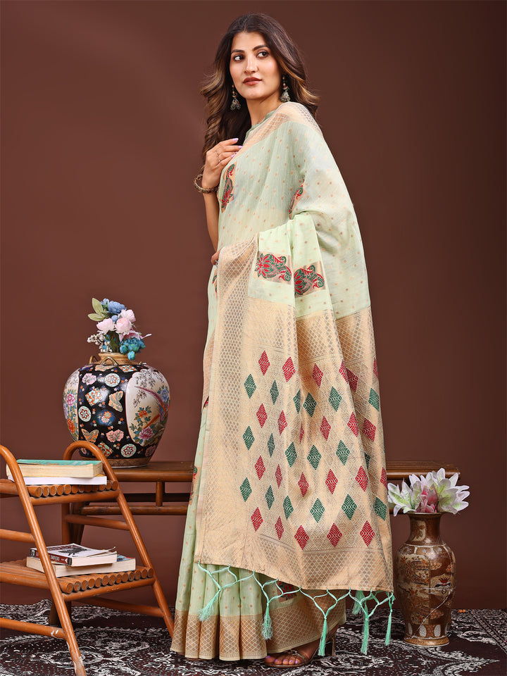 Light Green Colour Linen Cotton Printed Work Saree With Blouse Piece