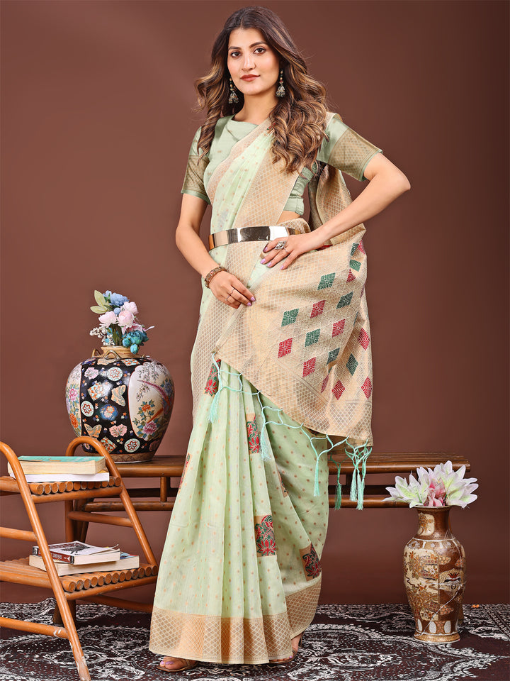 Light Green Colour Linen Cotton Printed Work Saree With Blouse Piece