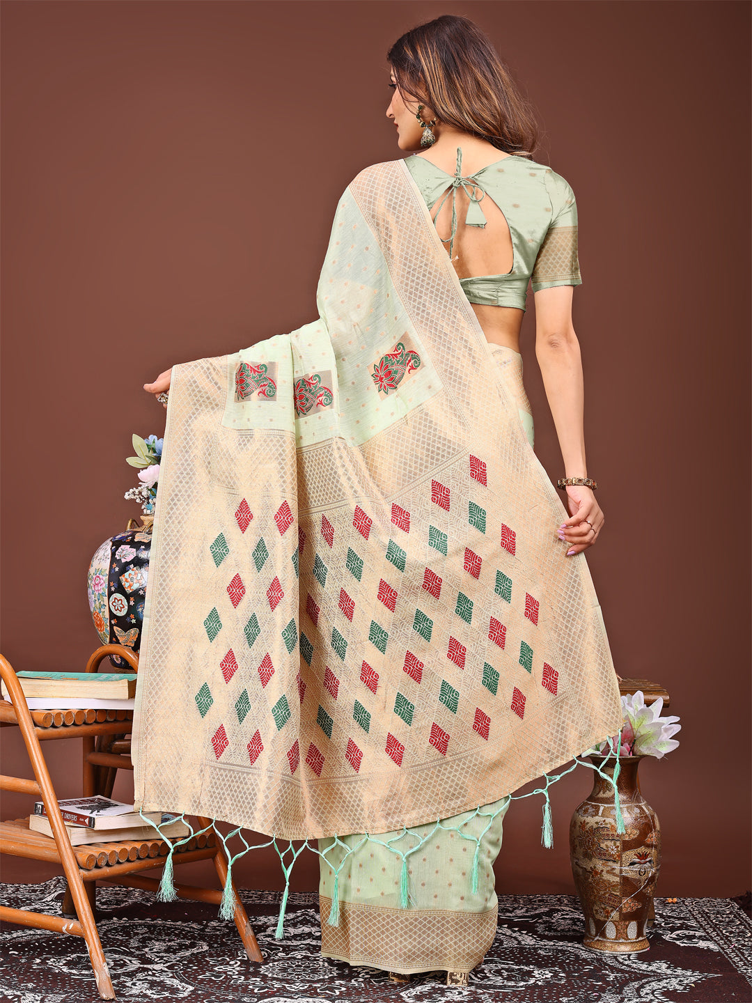 Light Green Colour Linen Cotton Printed Work Saree With Blouse Piece