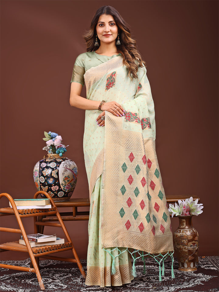 Light Green Colour Linen Cotton Printed Work Saree With Blouse Piece