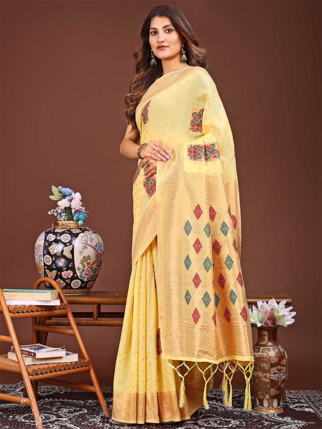 Yellow Colour Linen Cotton Printed Work Saree With Blouse Piece