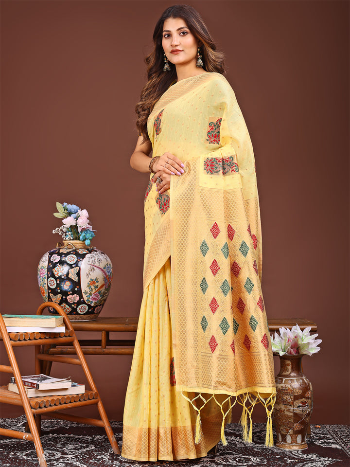 Yellow Colour Linen Cotton Printed Work Saree With Blouse Piece