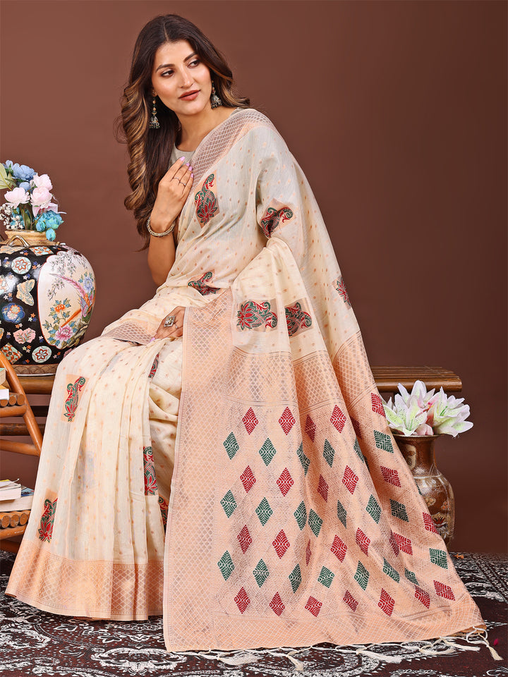 White Colour Linen Cotton Printed Work Saree With Blouse Piece