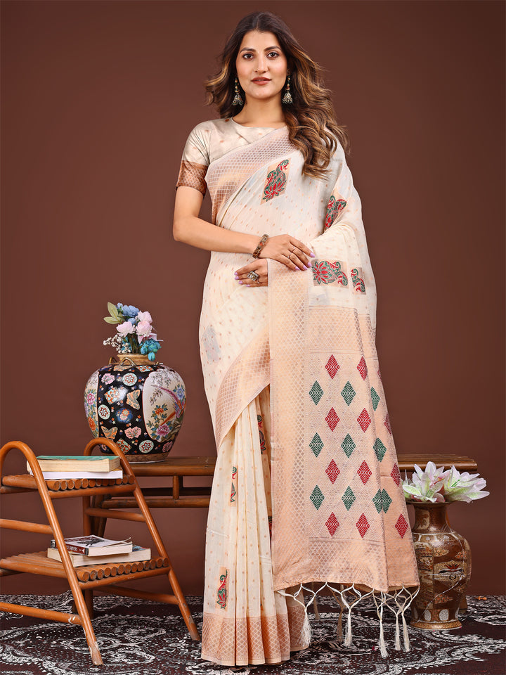 White Colour Linen Cotton Printed Work Saree With Blouse Piece