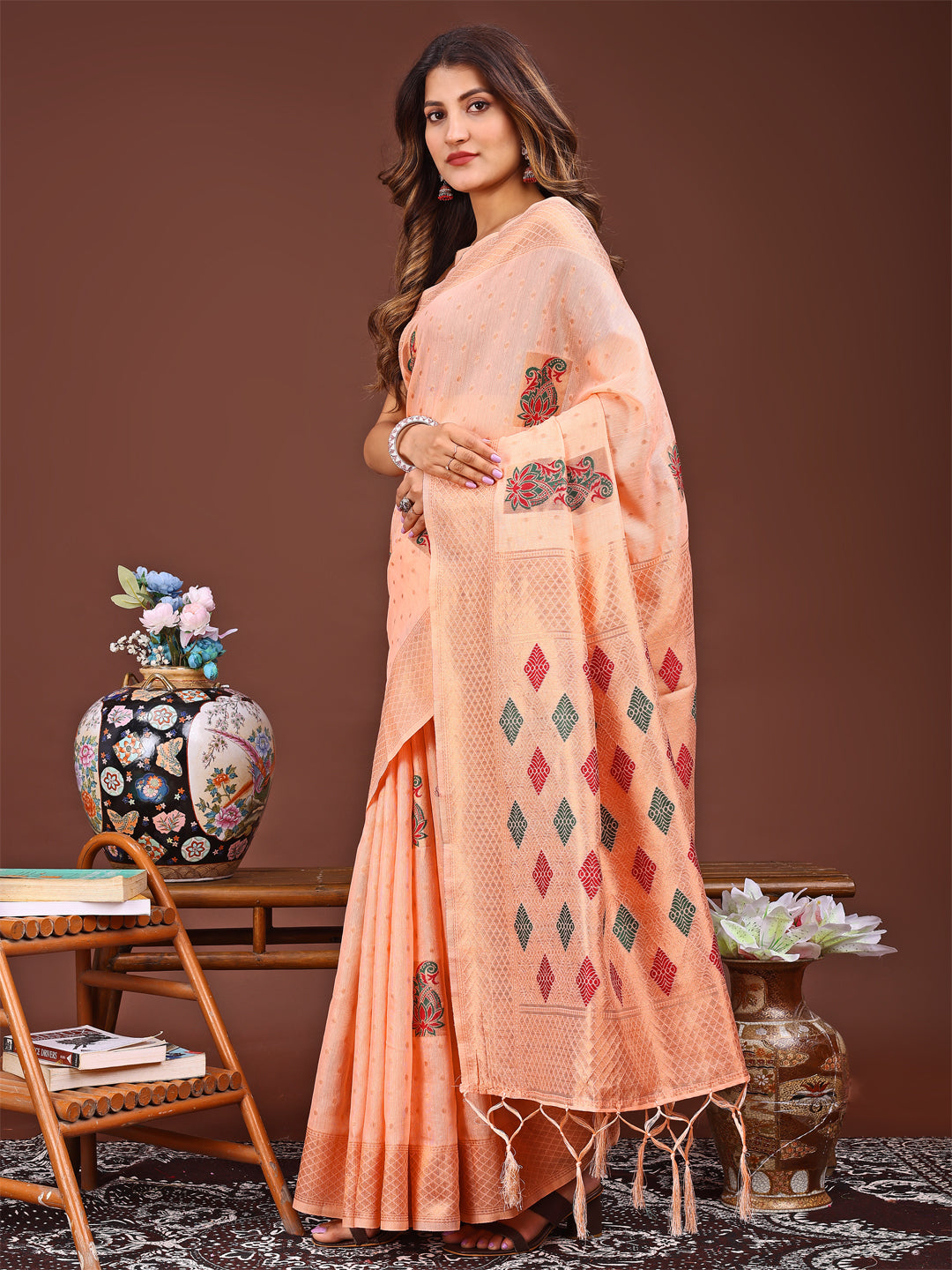 Orange Colour Linen Cotton Printed Work Saree With Blouse Piece