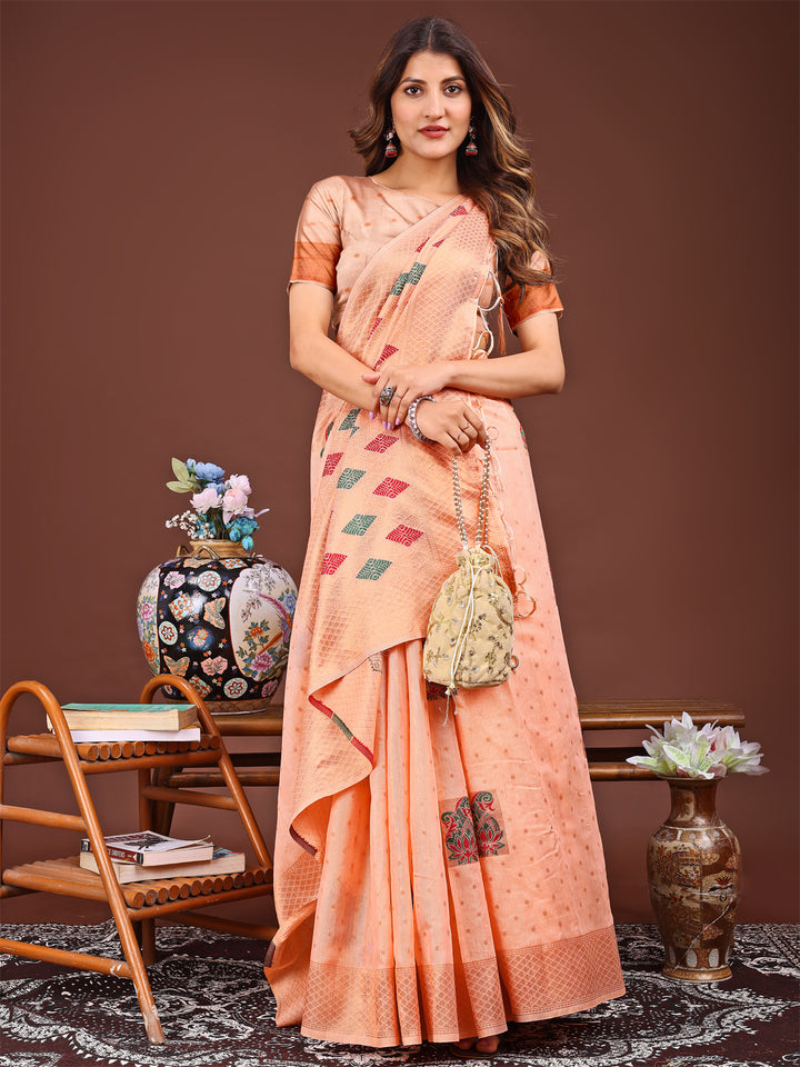 Orange Colour Linen Cotton Printed Work Saree With Blouse Piece
