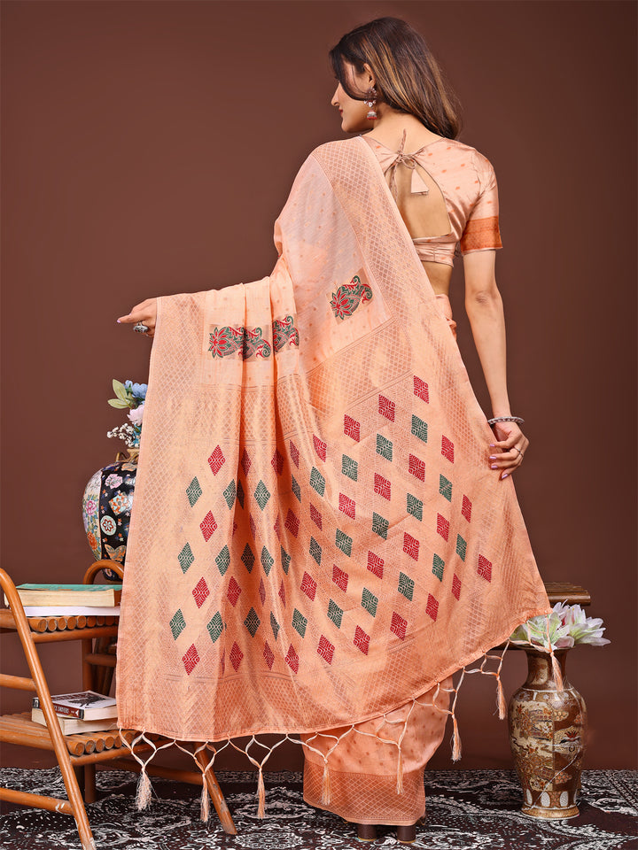 Orange Colour Linen Cotton Printed Work Saree With Blouse Piece