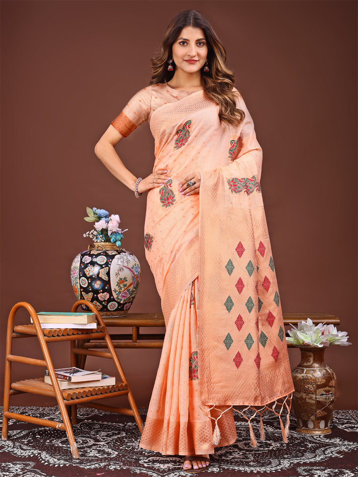 Orange Colour Linen Cotton Printed Work Saree With Blouse Piece