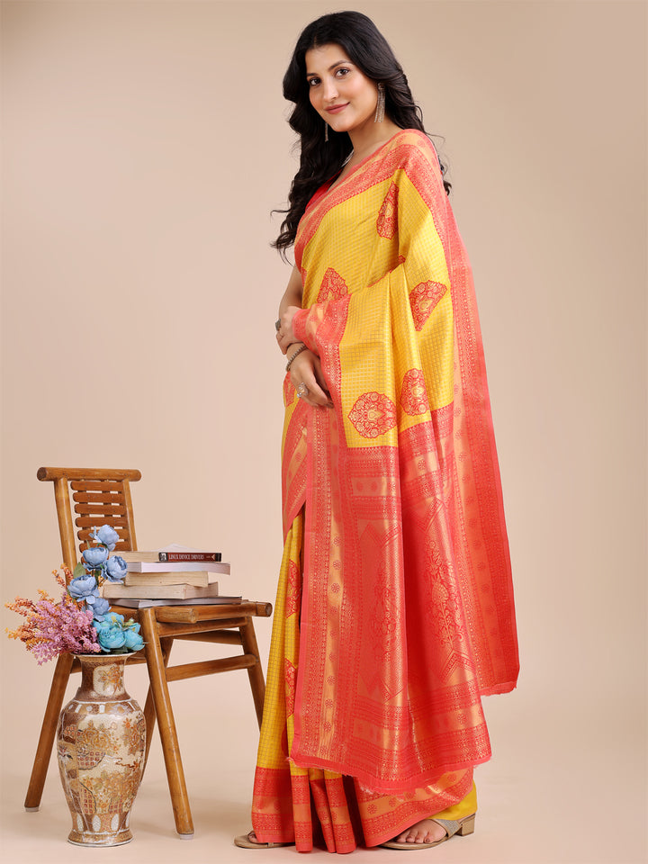 Yellow & Red Colour Banarasi Silk Weaving Work Saree With Blouse Piece
