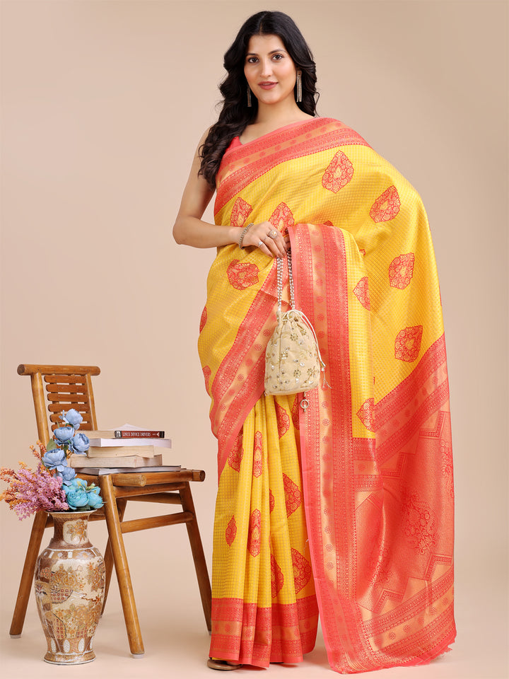 Yellow & Red Colour Banarasi Silk Weaving Work Saree With Blouse Piece
