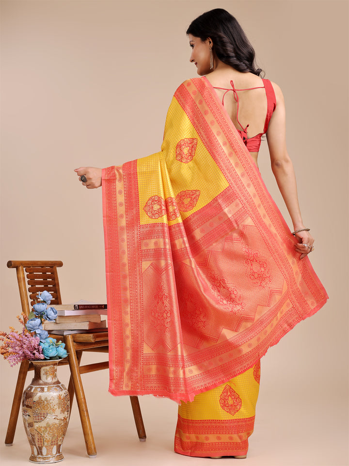 Yellow & Red Colour Banarasi Silk Weaving Work Saree With Blouse Piece