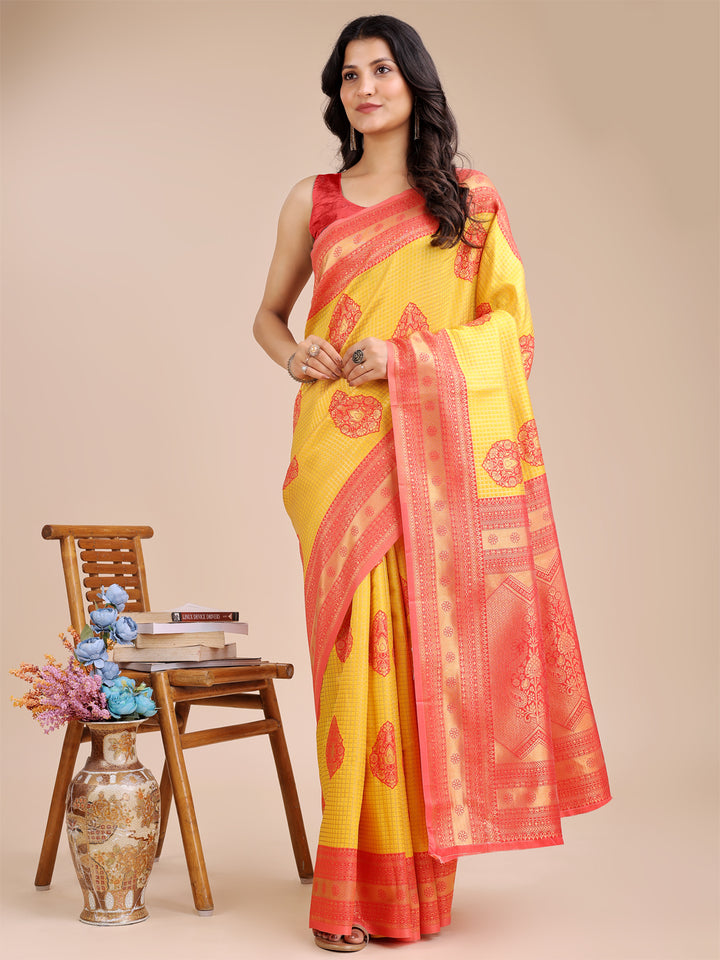 Yellow & Red Colour Banarasi Silk Weaving Work Saree With Blouse Piece