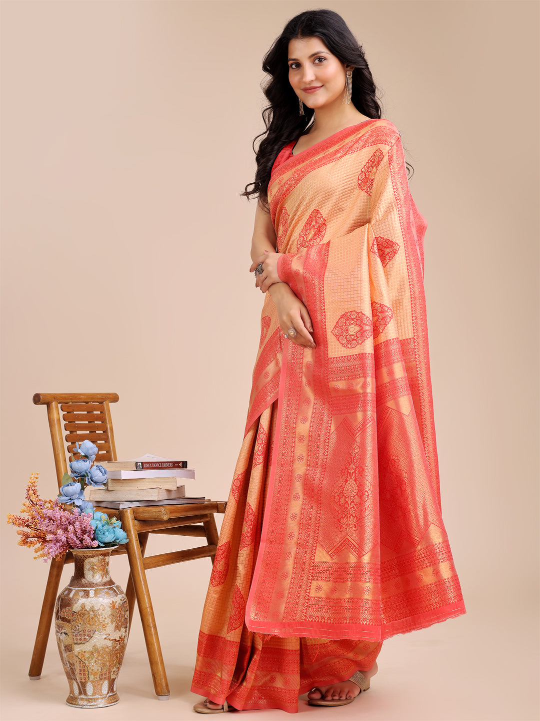 Orange & Red Colour Banarasi Silk Weaving Work Saree With Blouse Piece