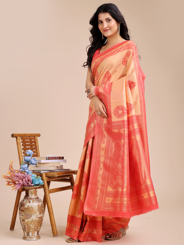 Orange & Red Colour Banarasi Silk Weaving Work Saree With Blouse Piece