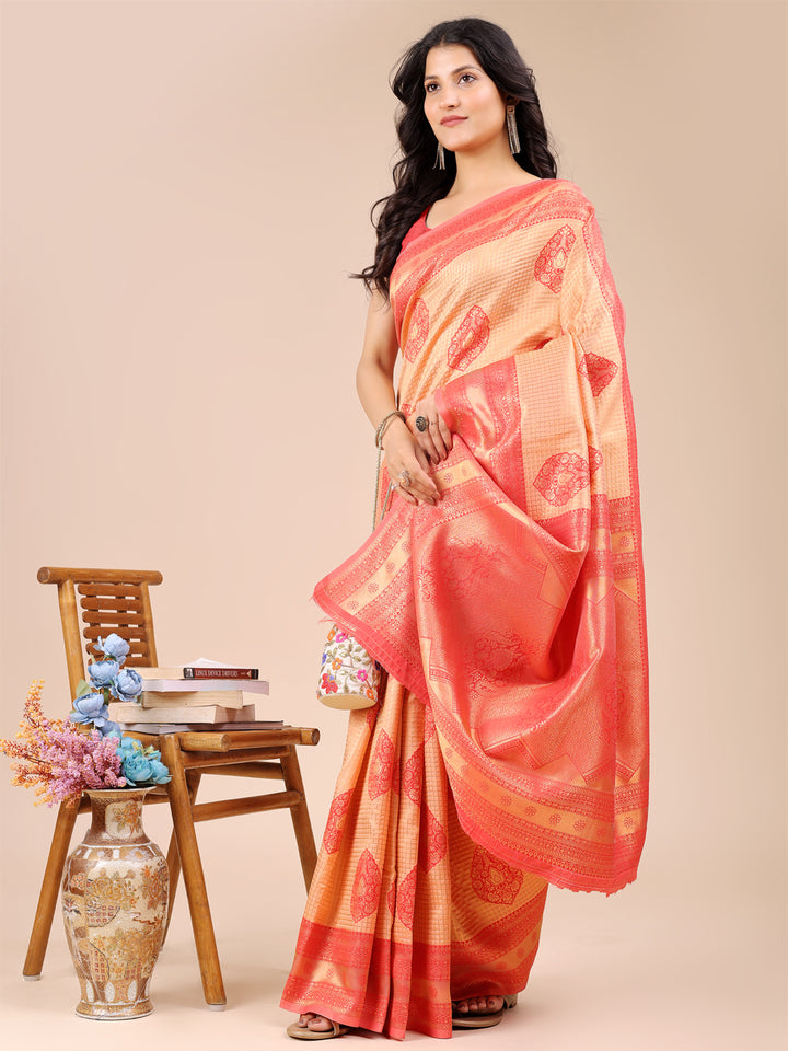 Orange & Red Colour Banarasi Silk Weaving Work Saree With Blouse Piece