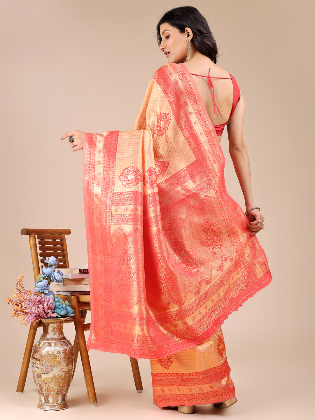 Orange & Red Colour Banarasi Silk Weaving Work Saree With Blouse Piece