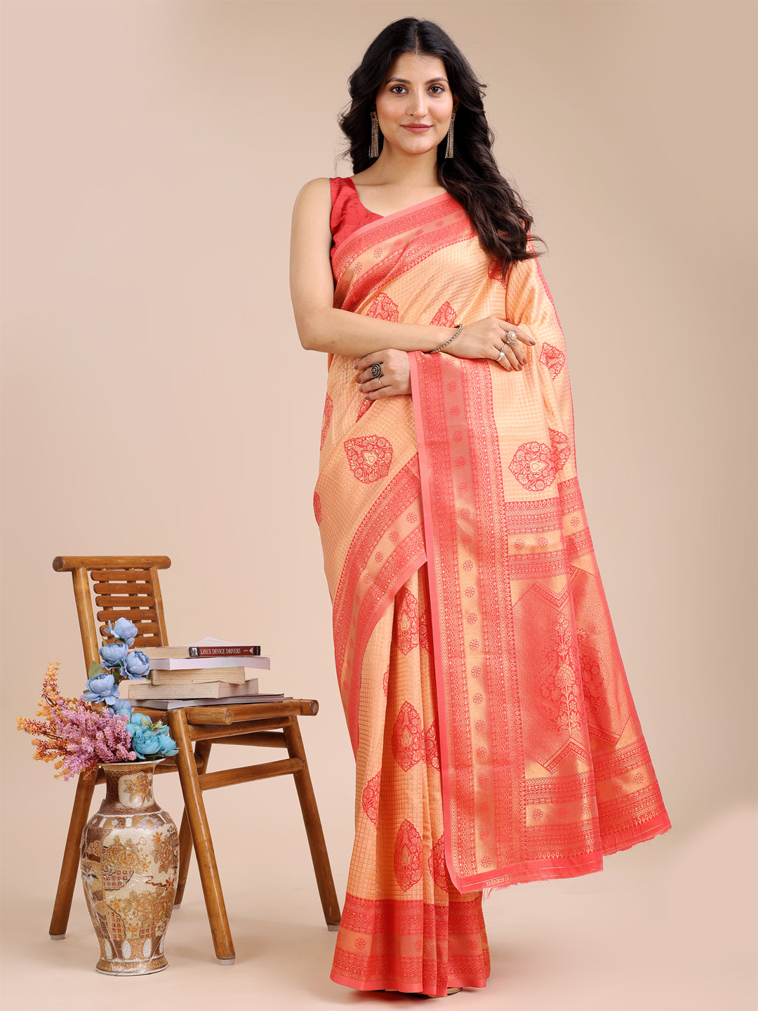 Orange & Red Colour Banarasi Silk Weaving Work Saree With Blouse Piece