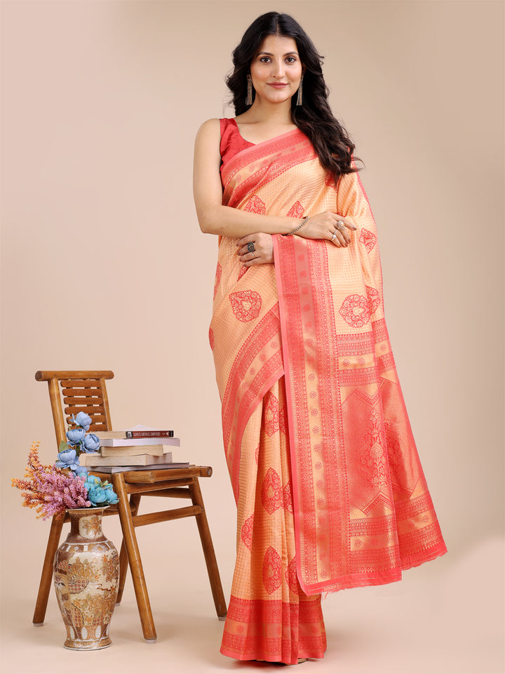 Orange & Red Colour Banarasi Silk Weaving Work Saree With Blouse Piece