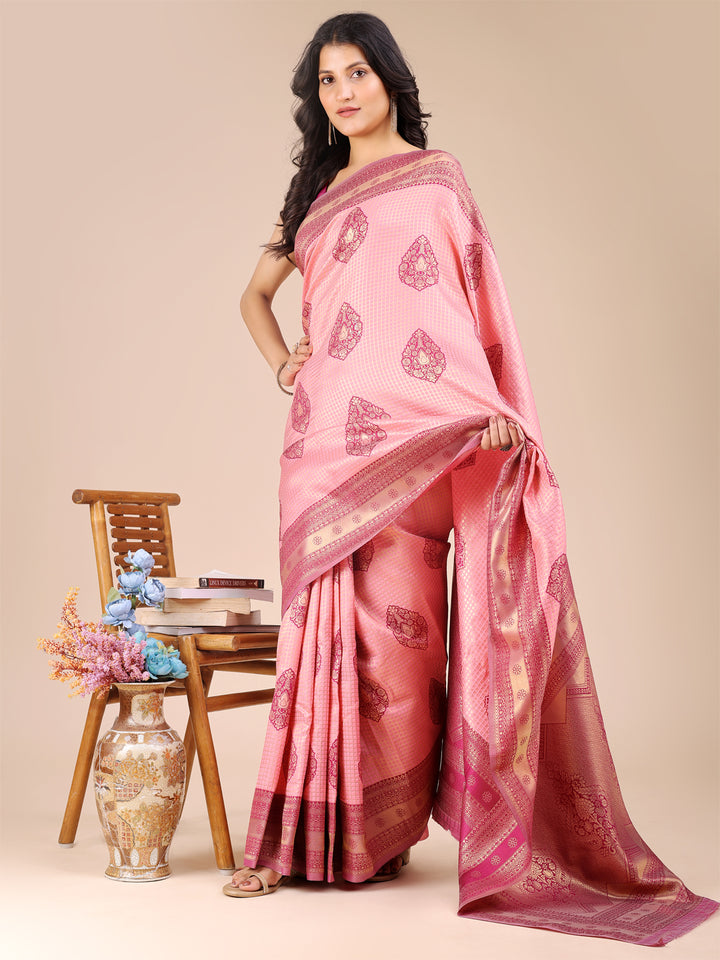 Light Pink & Magenta Colour Banarasi Silk Weaving Work Saree With Blouse Piece