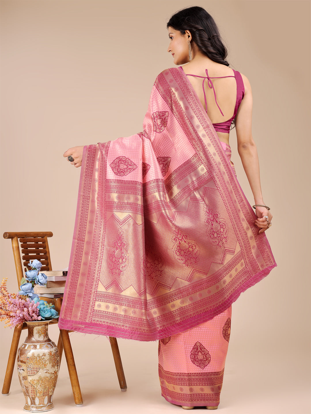 Light Pink & Magenta Colour Banarasi Silk Weaving Work Saree With Blouse Piece