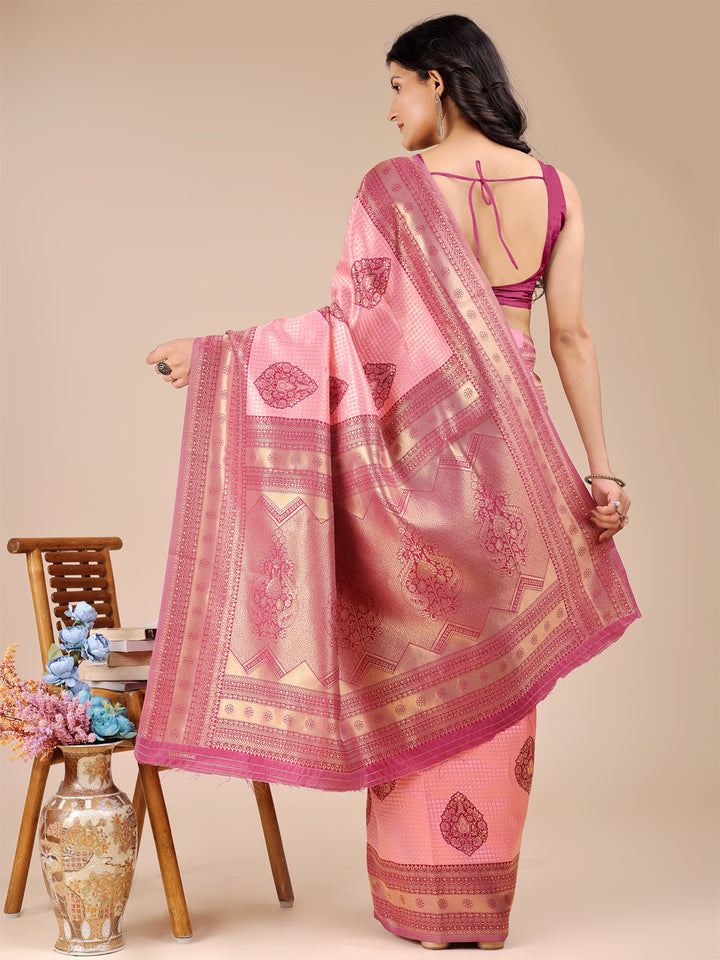 Light Pink & Magenta Colour Banarasi Silk Weaving Work Saree With Blouse Piece