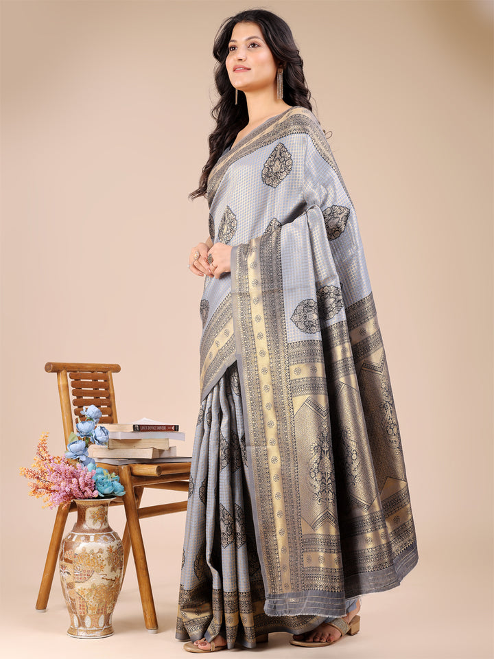 Gray Colour Banarasi Silk Weaving Work Saree With Blouse Piece