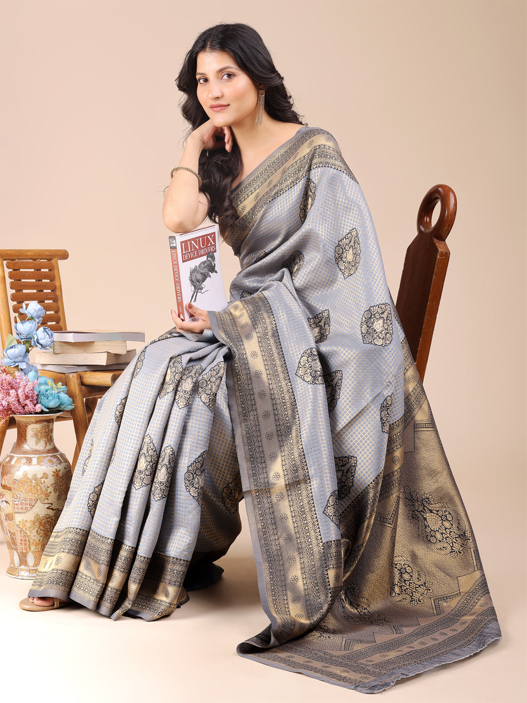 Gray Colour Banarasi Silk Weaving Work Saree With Blouse Piece