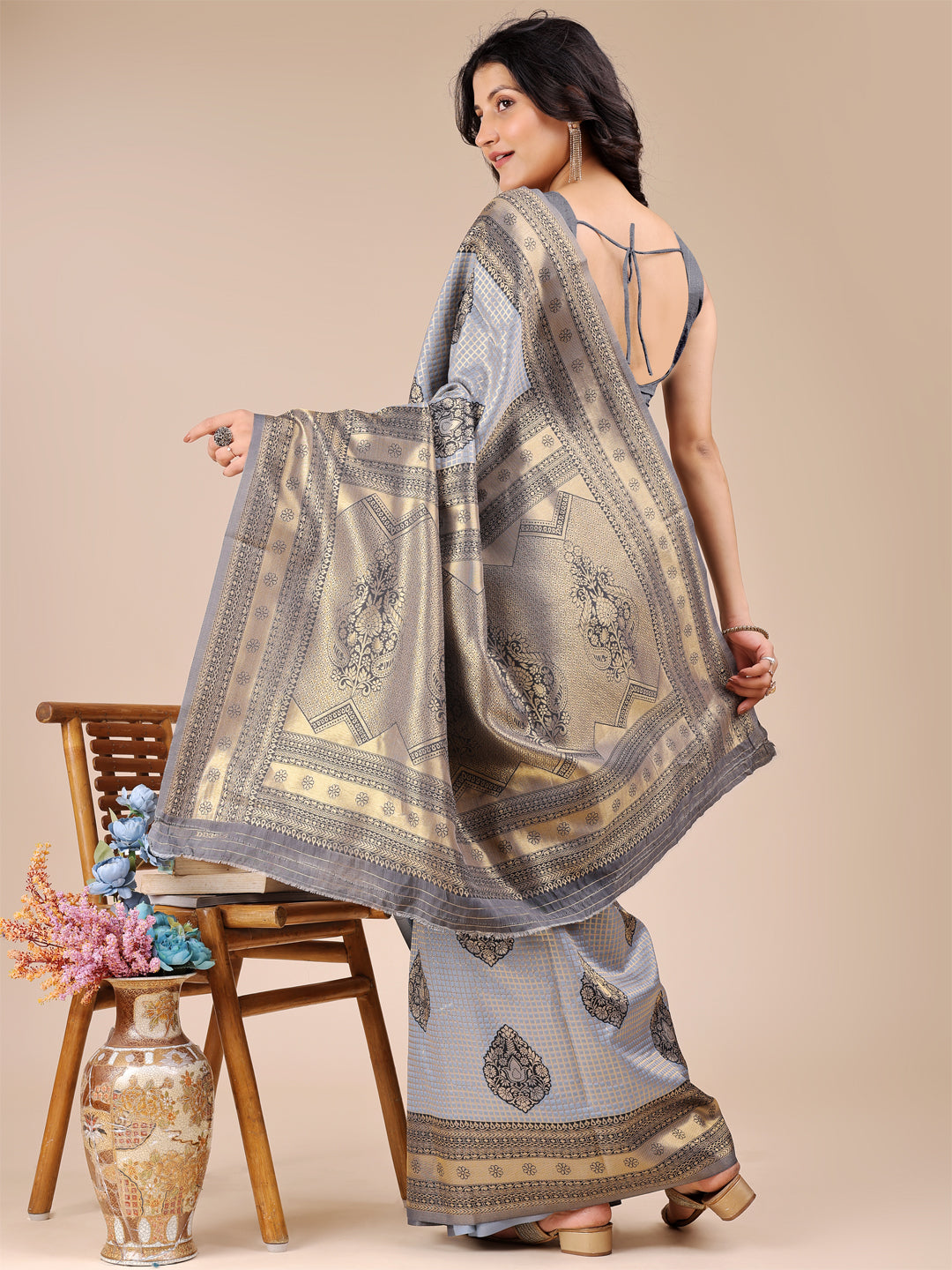 Gray Colour Banarasi Silk Weaving Work Saree With Blouse Piece