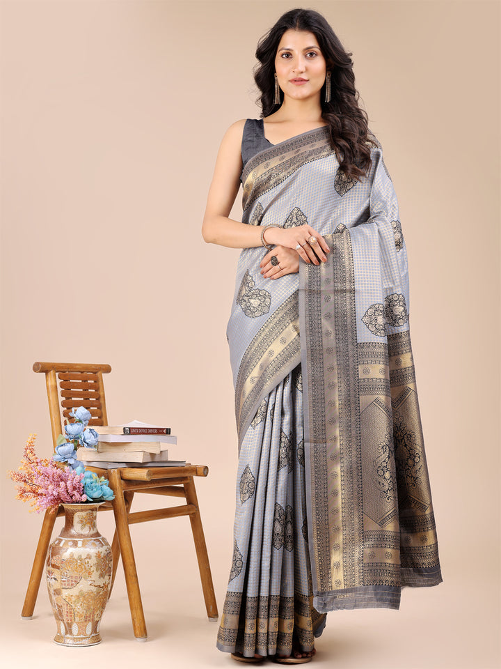 Gray Colour Banarasi Silk Weaving Work Saree With Blouse Piece