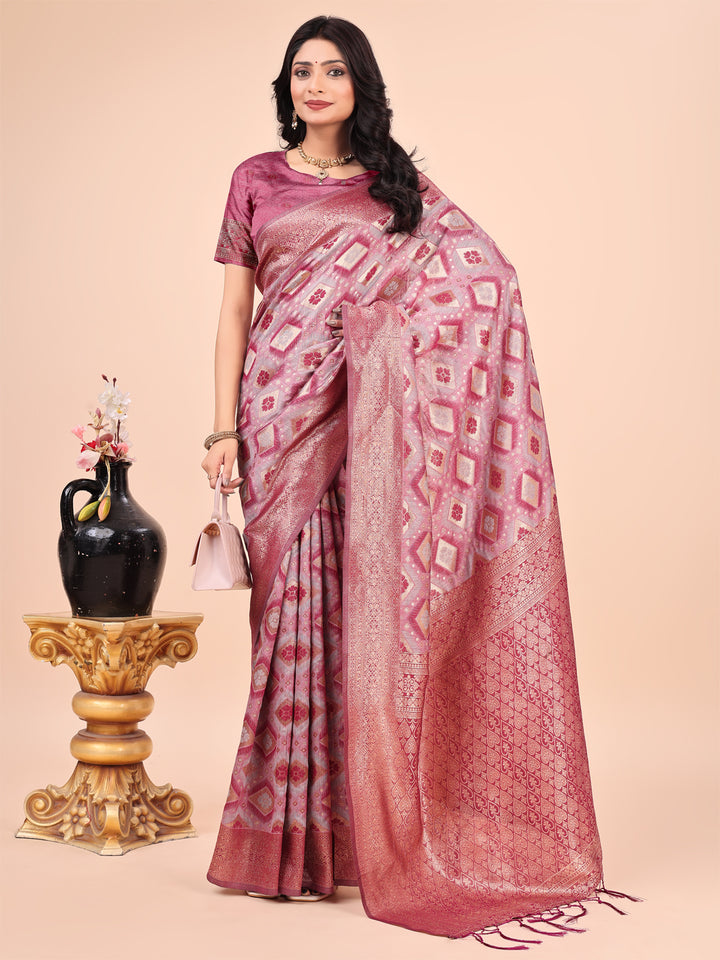 Pink Colour Cotton Saree Printed work With Blouse Piece