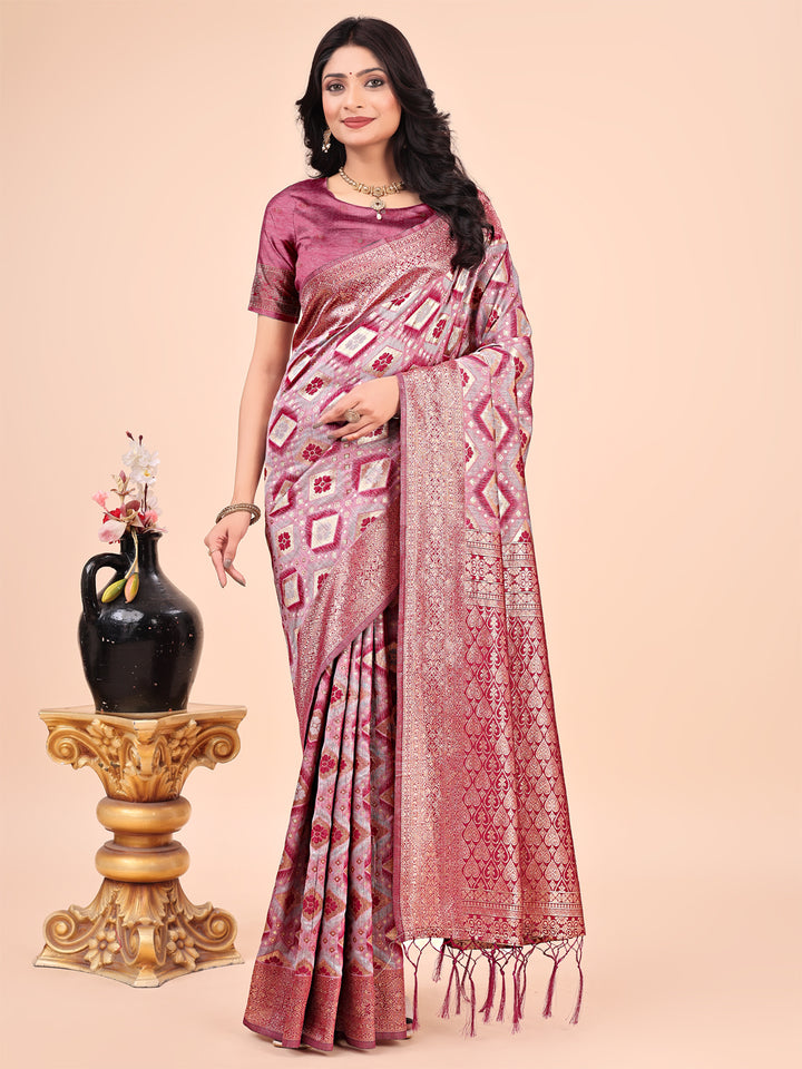 Pink Colour Cotton Saree Printed work With Blouse Piece
