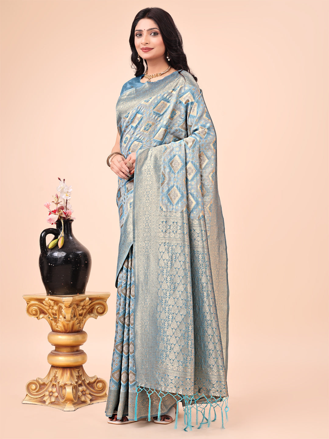Sky Blue Colour Cotton Saree Printed work With Blouse Piece
