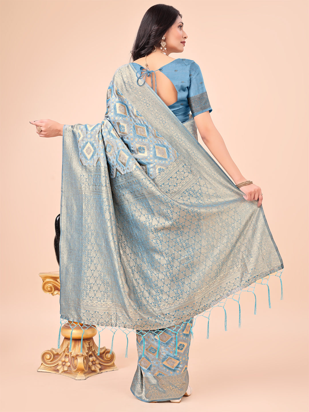 Sky Blue Colour Cotton Saree Printed work With Blouse Piece