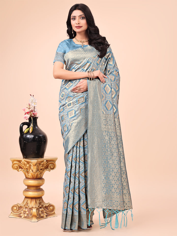 Sky Blue Colour Cotton Saree Printed work With Blouse Piece