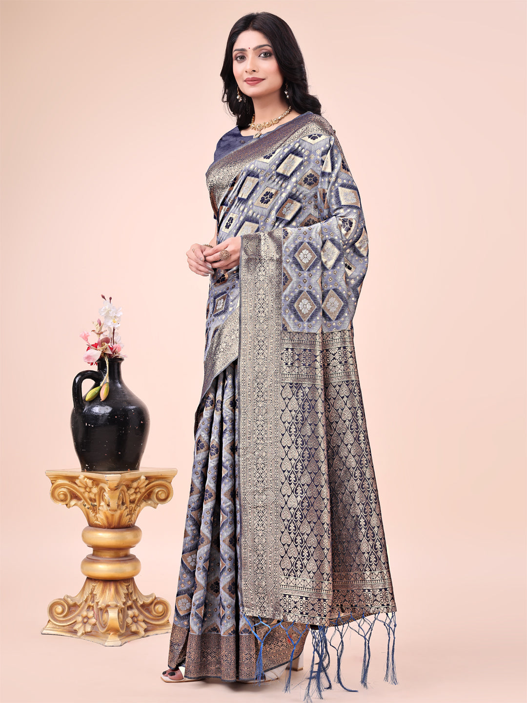 Navy Blue Colour Cotton Saree Printed work With Blouse Piece