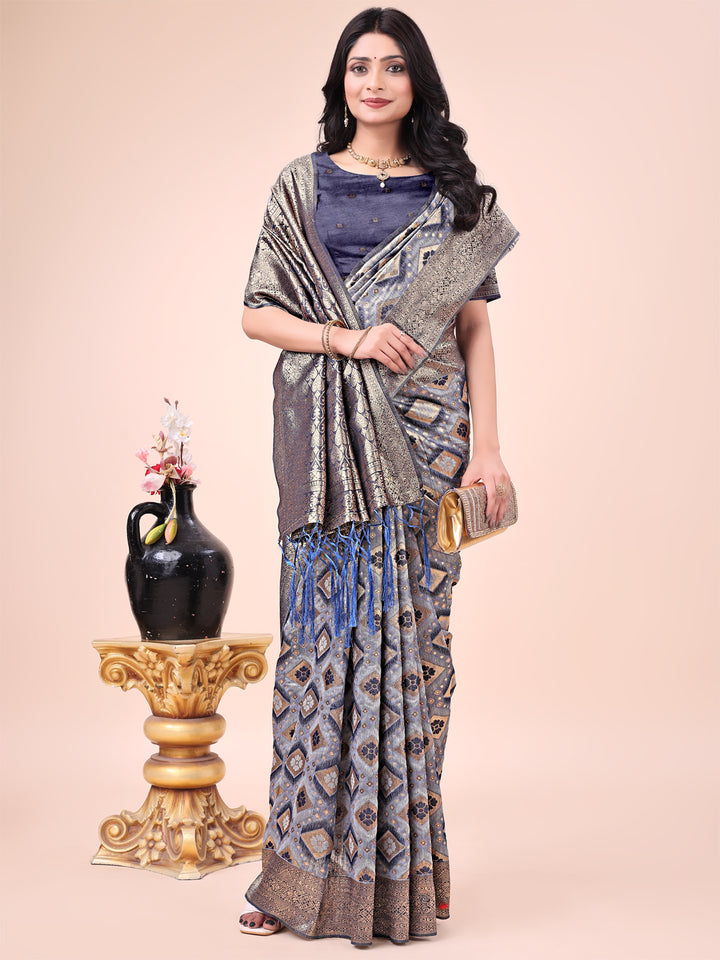 Navy Blue Colour Cotton Saree Printed work With Blouse Piece