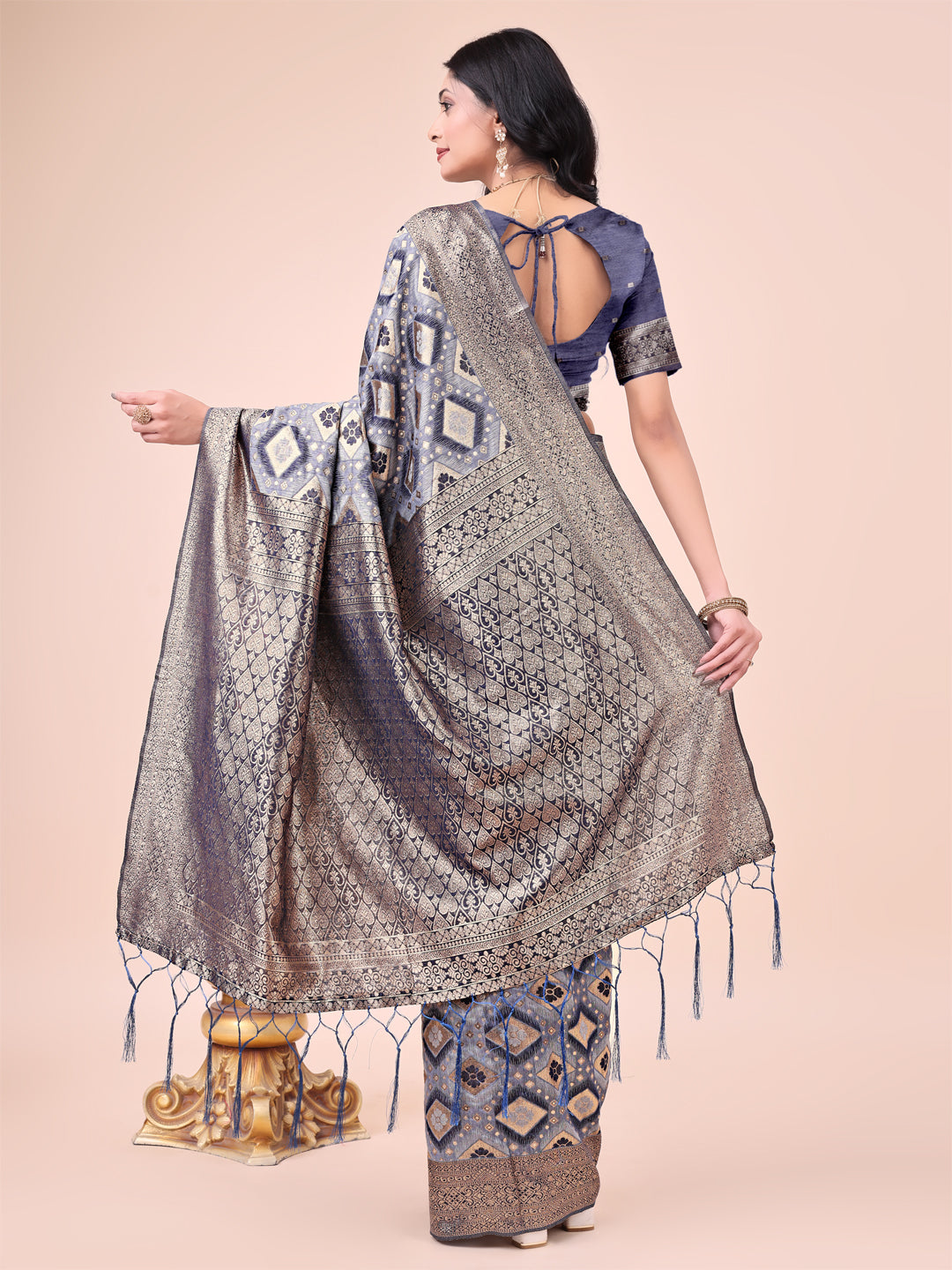 Navy Blue Colour Cotton Saree Printed work With Blouse Piece